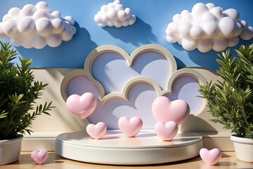 3D Rendered Illustration Pink Hearts and Clouds, Romantic Background