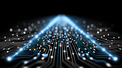 Digital Highway: An eye-level perspective of a complex circuit board comes alive with a symphony of glowing, energetic light trails that form an illuminated pathway.