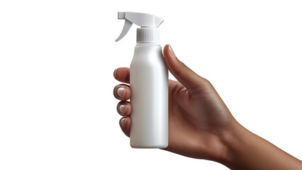 Hand holding a white plastic spray bottle. Isolated on transparent background.