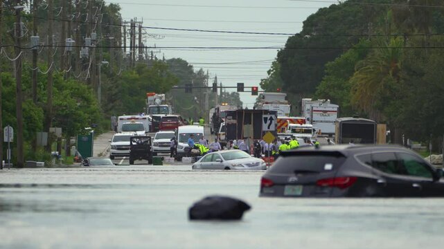 Emergency response after hurricane Debby flooding in Sarasota, Florida. Rescue workers on flooded road. Aftermath of natural disaster.