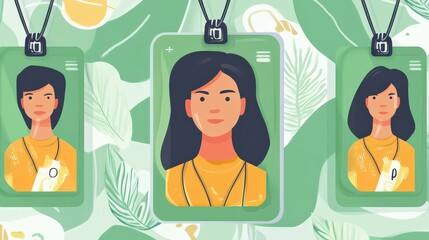 Vibrant illustrated badges featuring diverse portraits with tropical background elements