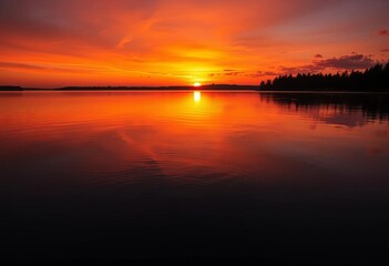 Obraz premium Fiery orange and purple sunset reflecting on calm Minnesota lake waters, sun, july