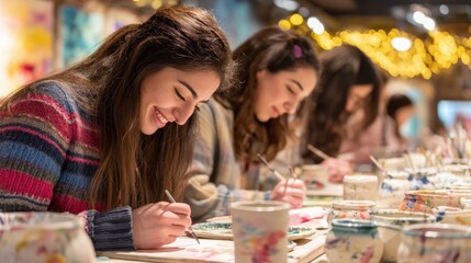 Fototapeta premium Concentrated young women engaged in ceramic painting.