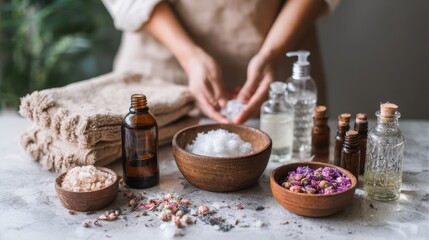 Woman's hands arranging spa products on a table.