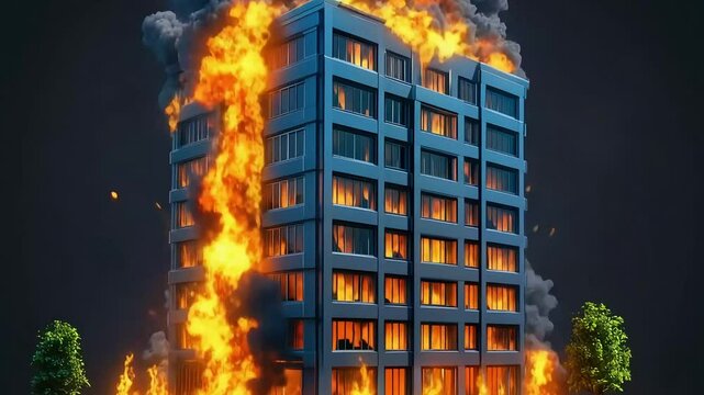 A modern office building engulfed in flames, with smoke billowing into the dark sky, creating chaos