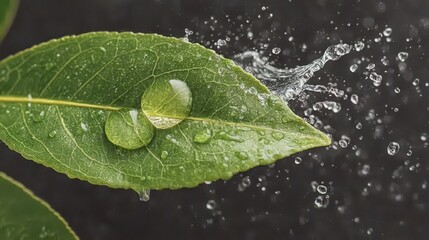 Fresh green leaf with water droplets and splash against a dark background