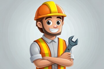 Happy Cartoon Construction Worker with Wrench