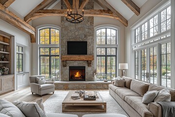  Cozy New England farmhouse living room with large stone fireplace, wood mantel, tall windows, arched doorways, beige sofa, gray armchair, and chandelier.
