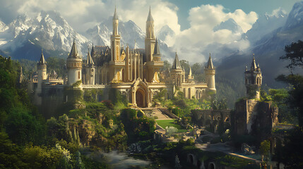 Fototapeta premium A historic castle estate with towering spires, lush gardens, and intricate stonework (1)