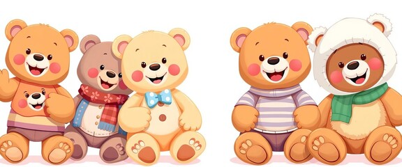 Adorable cartoon teddy bears in various poses, cheerful expressions, and outfits, hug, art