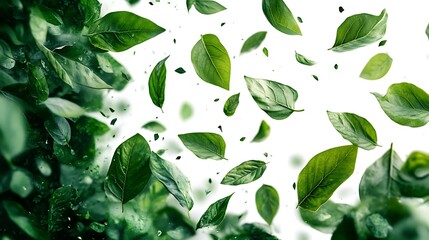 A swirling cloud of various green leaves in mid-flight, randomized movement, unique silhouettes and leaf textures, captured with no background, ideal for PNG exports.