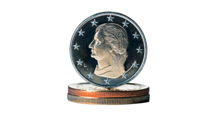 Close up of a Euro coin on a stack of coins finance concept image