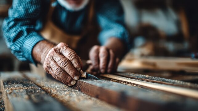 Aged artisan's hands precisely marking wood in workshop.