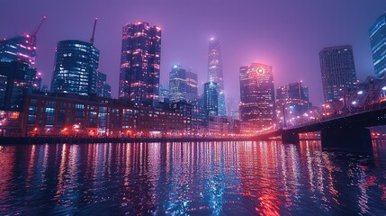 Naklejka premium Urban cityscape at night, illuminated by vibrant neon lights.