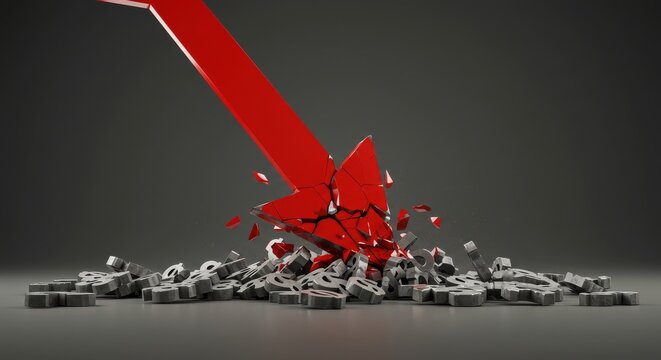 Dramatic red arrow crashing through heap of dollar symbols, market crash visual