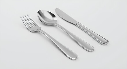 Top view of stainless steel cutlery (fork, spoon, knife) neatly arranged on a clean white background