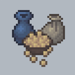 jar and sack goods in pixel art style with isolated background