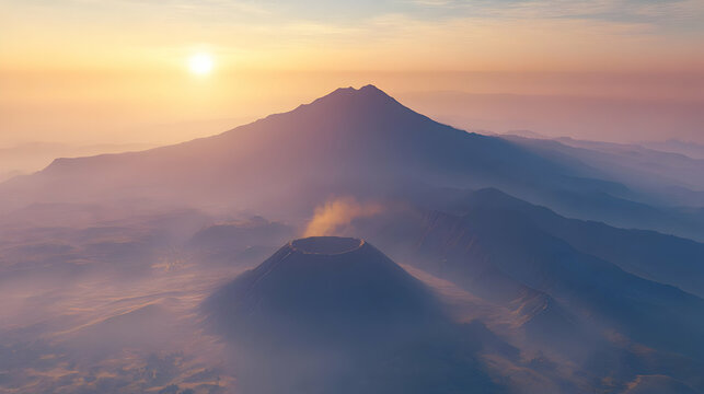 Sunrise Over Misty Mountain Range With Cityscape Below - Powered by Adobe