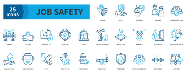 Job Safety Icon Collection Set. Containing Gloves, Safety, Worker, Head Protection, First Aid Kit, Boot, Fire Hydrant, Safety Management Icon. Dualtone Outline Style