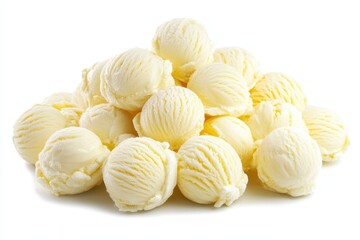 Pile of perfectly shaped vanilla ice cream scoops on a clean white background
