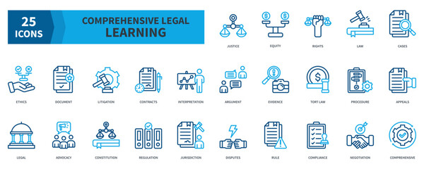 Comprehensive Legal Learning Icon Collection Set. Containing Justice, Equity, Rights, Law, Ethics, Litigation, Constitution, Regulation Icon. Dualtone Outline Style