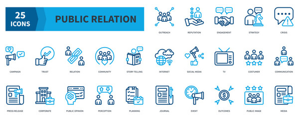 Public Relation Icon Collection Set. Containing Outreach, Reputation, Strategy, Trust, Relation, Community, Communication Icon. Dualtone Outline Style