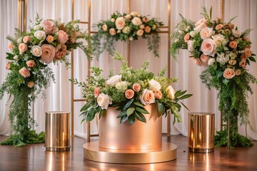 Fototapeta premium Elegant Rose Gold Wedding Podium with Delicate Floral Arrangements