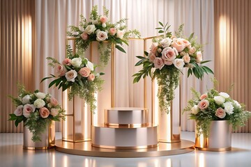 Fototapeta premium Elegant Rose Gold Podium with Delicate Floral Arrangements for Events