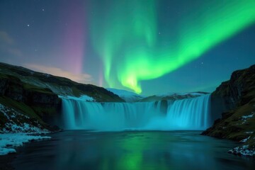 Aurora borealis dances above Godafoss, creating a breathtaking spectacle , energy, magical