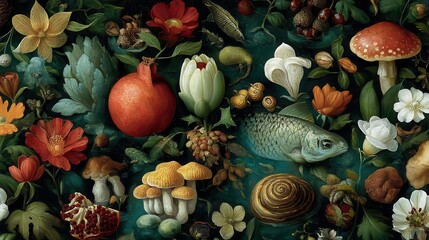 Detailed still life arrangement of colorful fruits, flowers, and fungi.