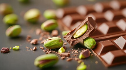 Dubai Chocolate Kunafa Pistachio on white background,Dubai Chocolate bar with green kadayif and pistachio spread,popular and viral chocolate 2024,space for text.
