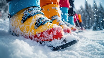 Close up of colorful ski boots covered in snow with skiers in the background on a winter day