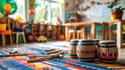 Colorful preschool classroom with wooden drums