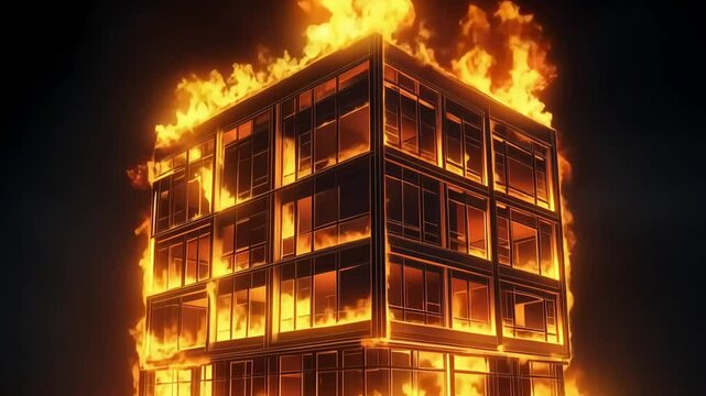 Dramatic scene of a modern building engulfed in flames at night, with intense fire and smoke