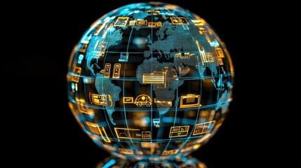 Futuristic Digital Globe with Technology Icons and Connectivity Lines