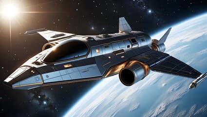 Obraz premium Futuristic Spacecraft Flying Above a Beautiful Earth from Orbit