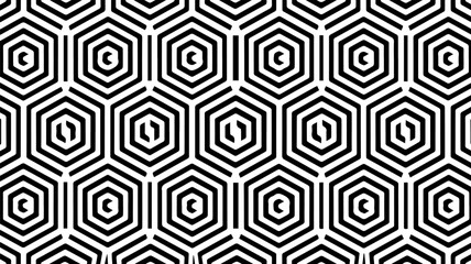 Black hexagonal spirals seamless repeating vector pattern on a solid white background