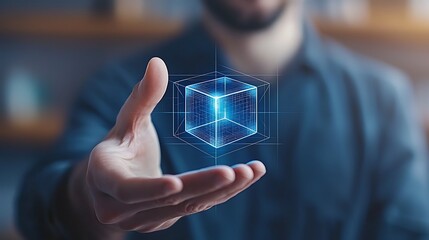 A hand hovers over a digital cube, showcasing futuristic technology