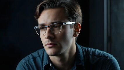 Obraz premium Thoughtful young man in glasses with contemplative facial expression