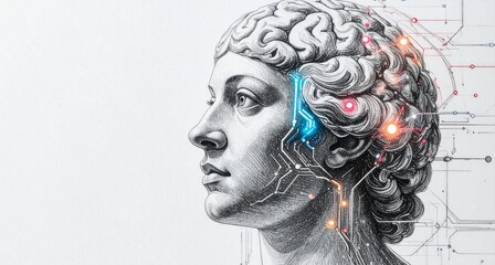 A futuristic digital illustration of a human brain made of circuit lines and glowing lights representing artificial intelligence