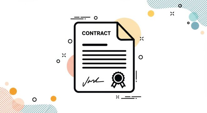 Stylized illustration of a contract document on a patterned white background