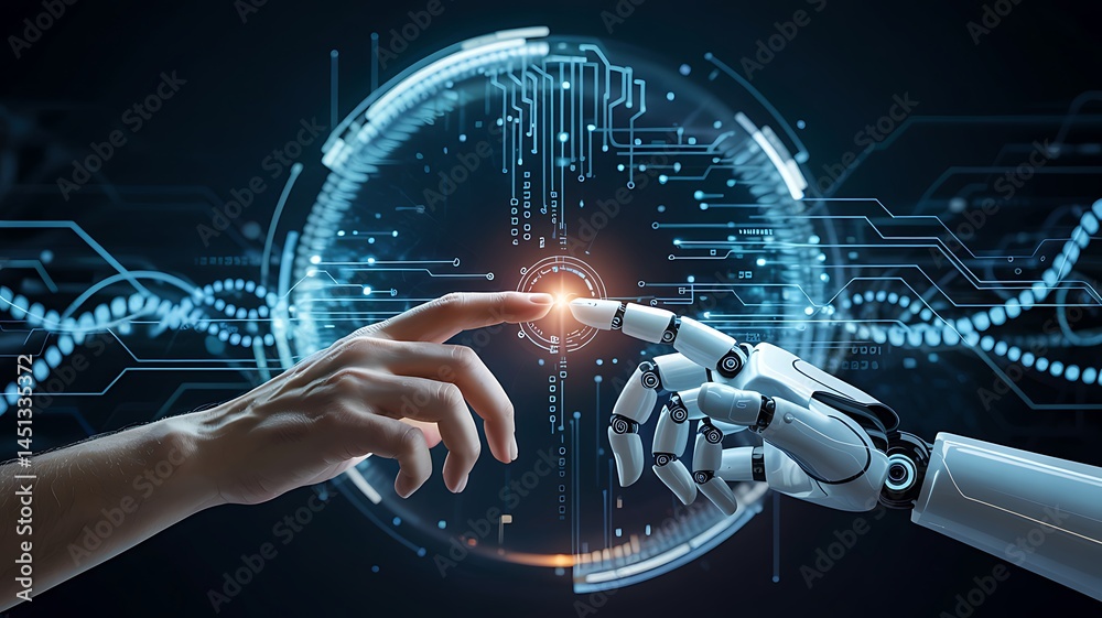 Wall mural human and robot hand touching connection technology artificial intelligence machine learning concept
