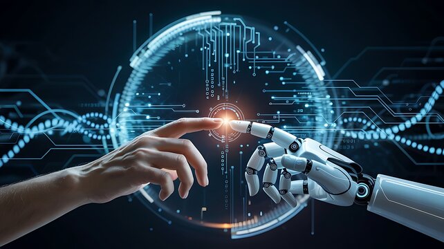 Human And Robot Hand Touching Connection Technology Artificial Intelligence Machine Learning Concept Neural Network Digital Future Futuristic Innovation Synergy Integration