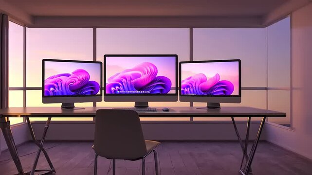Sunset Office Workspace with Triple Monitor Setup