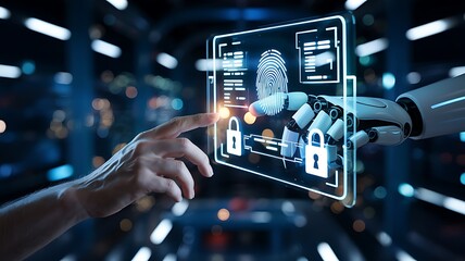 Fototapeta premium Human And Robot Hands Interacting With Security Interface Displaying Fingerprint Biometrics Cyber Security Data Privacy And Modern Technology Concept