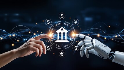 Human And Robot Hands Touching Banking Icon Artificial Intelligence In Finance Technology Digital Currency Exchange Future Of Banking And Modern Finance