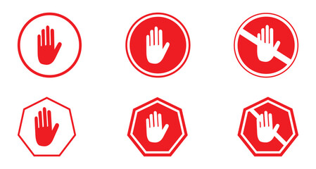 Set stop red sign icon with white hand, do not enter. red stop sign on. flat style. red stop sign for your web site design, logo, app, UI. stop traffic symbol.