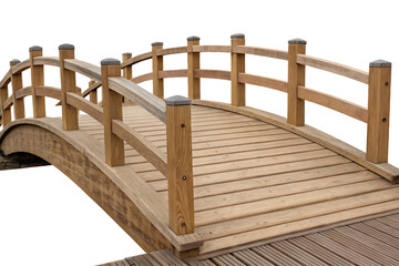 A wooden arched bridge with railings, spanning over a dark area, likely water or a gap. The bridge has a smooth, curved design with evenly spaced posts and a sturdy wooden surface.