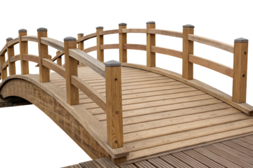 A wooden arched bridge with railings, spanning over a dark area, likely water or a gap. The bridge has a smooth, curved design with evenly spaced posts and a sturdy wooden surface.