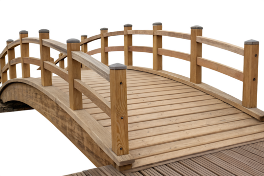 A wooden arched bridge with railings, spanning over a dark area, likely water or a gap. The bridge has a smooth, curved design with evenly spaced posts and a sturdy wooden surface.